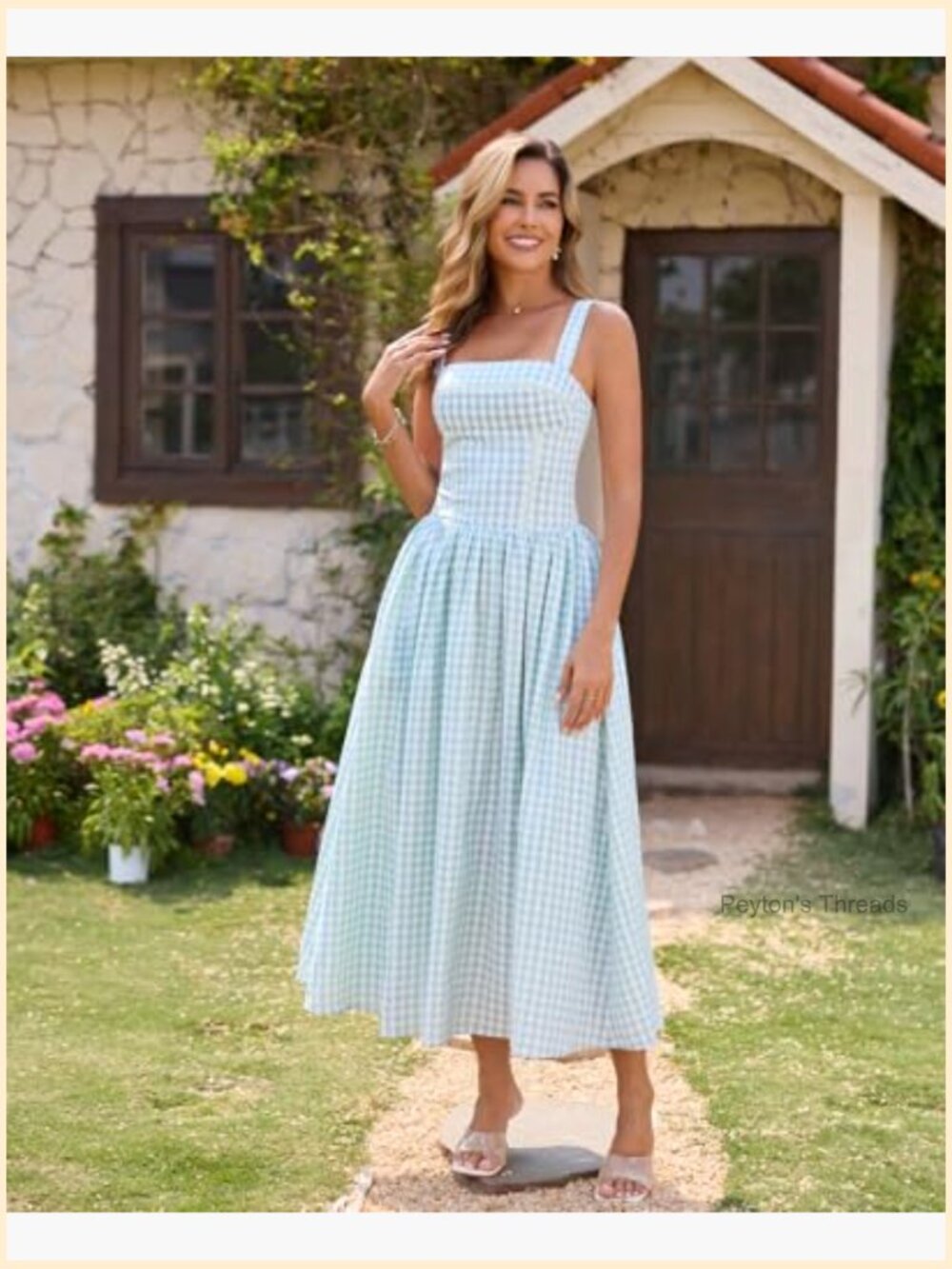 Flowy Square Neck Sleeveless Midi Dress with Pockets Wedding Guest - Picture 6 of 7